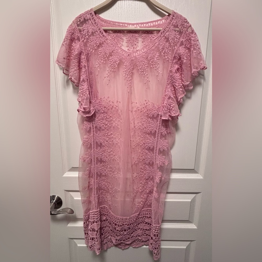 Pink Lace Overlay Dress embroidered with ruffled sleeves sheer - Picture 2 of 16